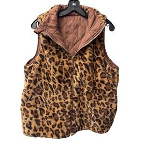 Reborn J Reversible Leopard Faux Fur Quilted Puffer Vest Brown‎ Womens Medium